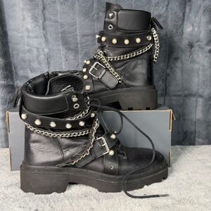 Zara Black Chain Pearl Embellished Combat Boots Lug Sole Punk Goth Size 39 EU